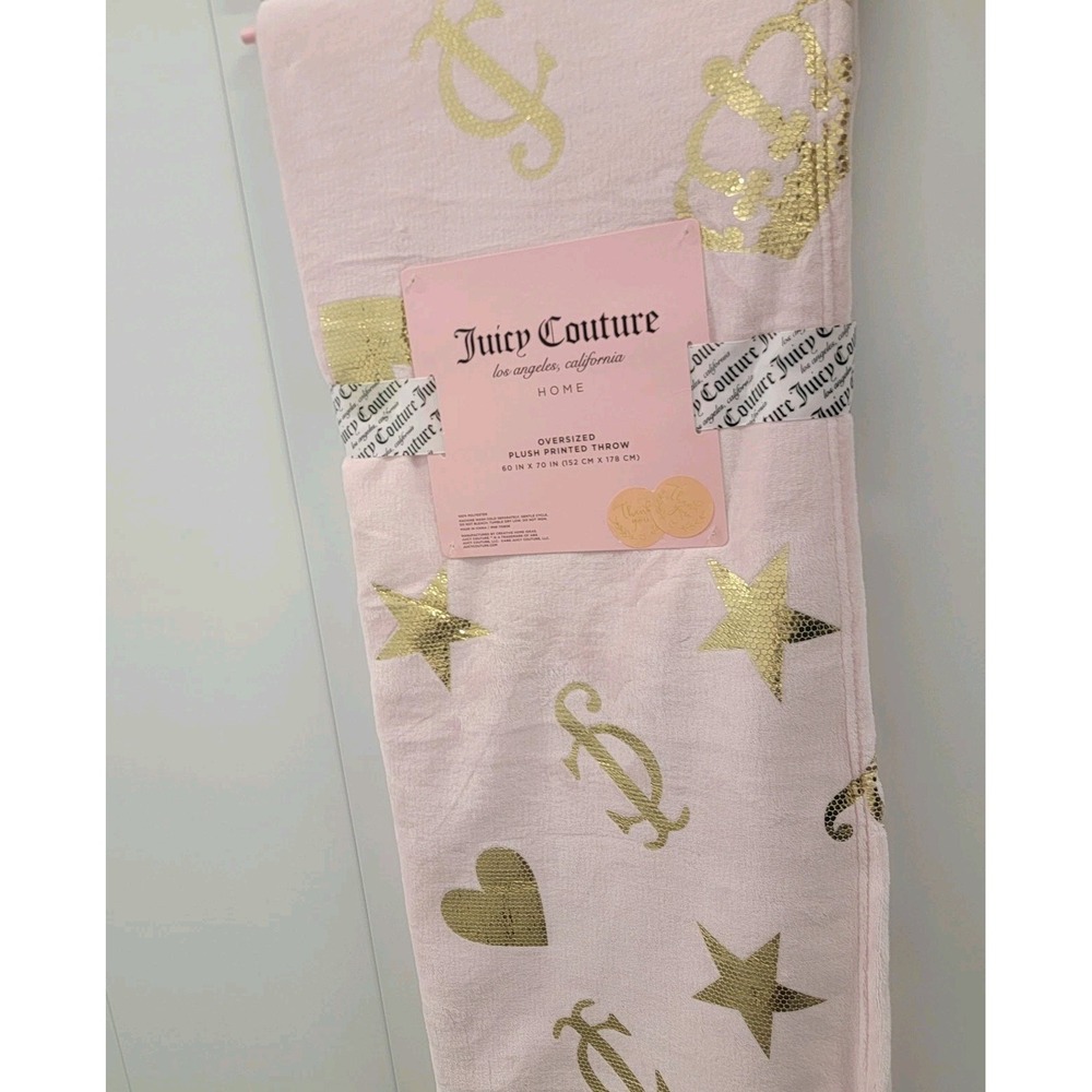 NEW Juicy Couture OVERSIZED Pink Gold Crown Shimmer Printed Throw Blanket 60x70 - Picture 4 of 5